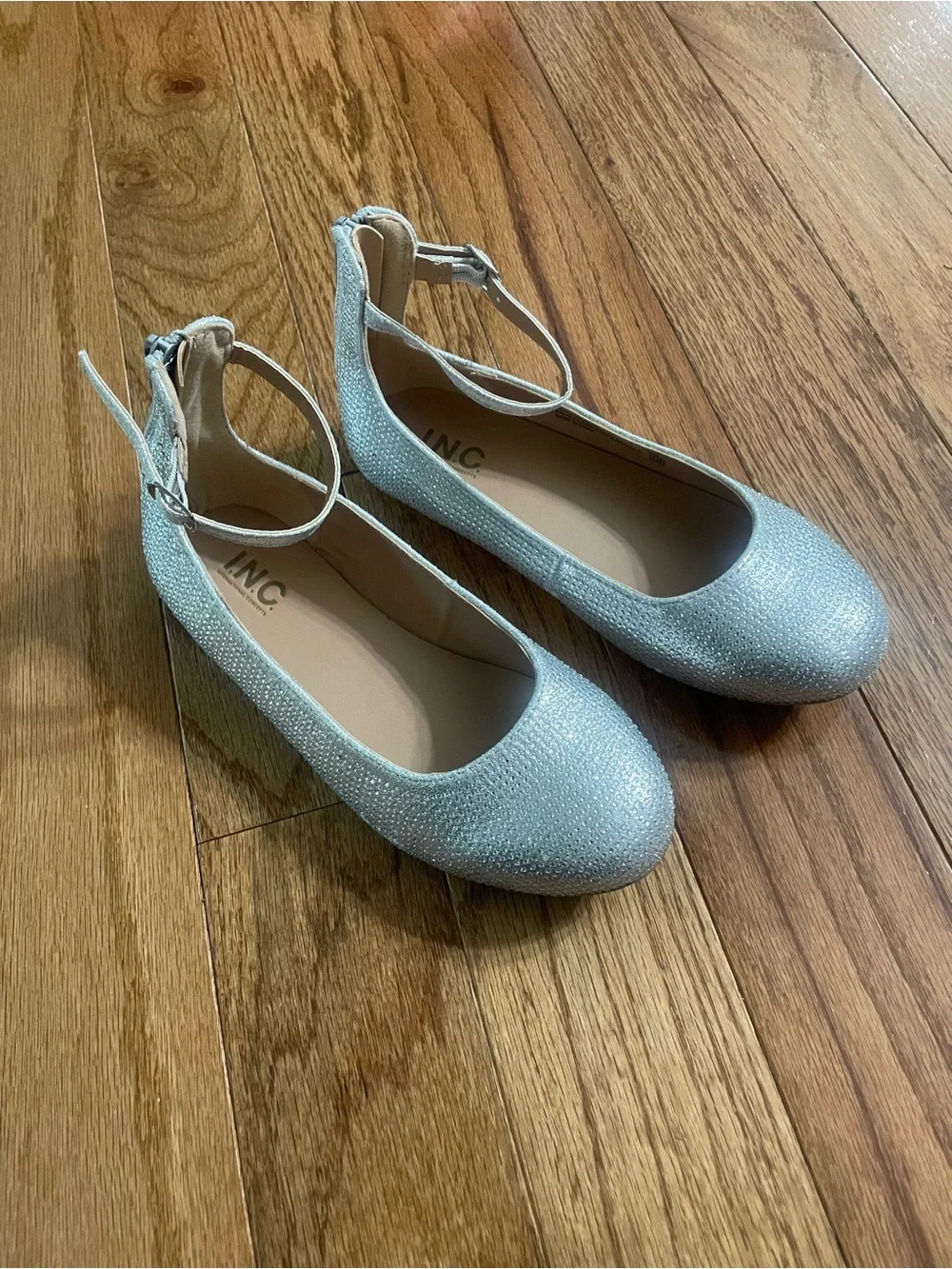 INC International Concepts Glittery Silver Ankle-Strap Flats